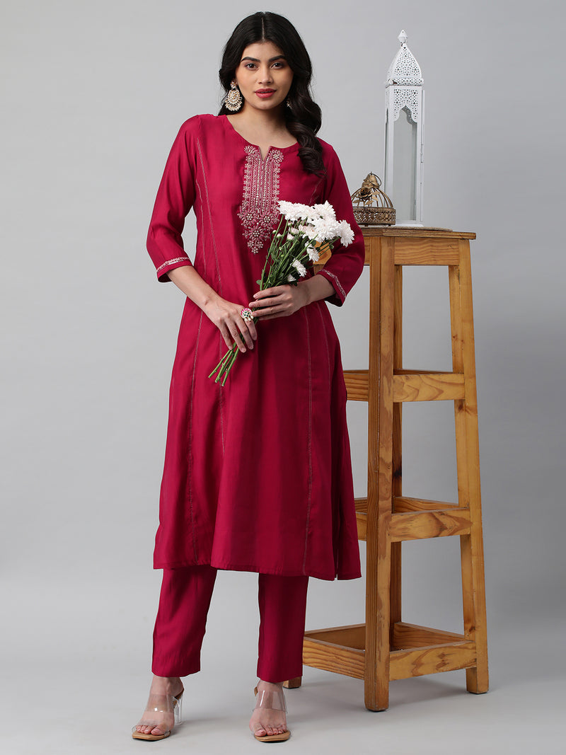 INAARA - A line kurta in silk blend fabric with embroidery and zari lace detailing.