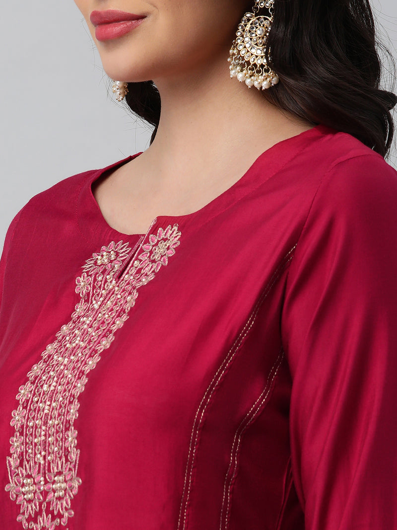 INAARA - A line kurta in silk blend fabric with embroidery and zari lace detailing.