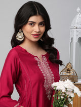 INAARA - A line kurta in silk blend fabric with embroidery and zari lace detailing.