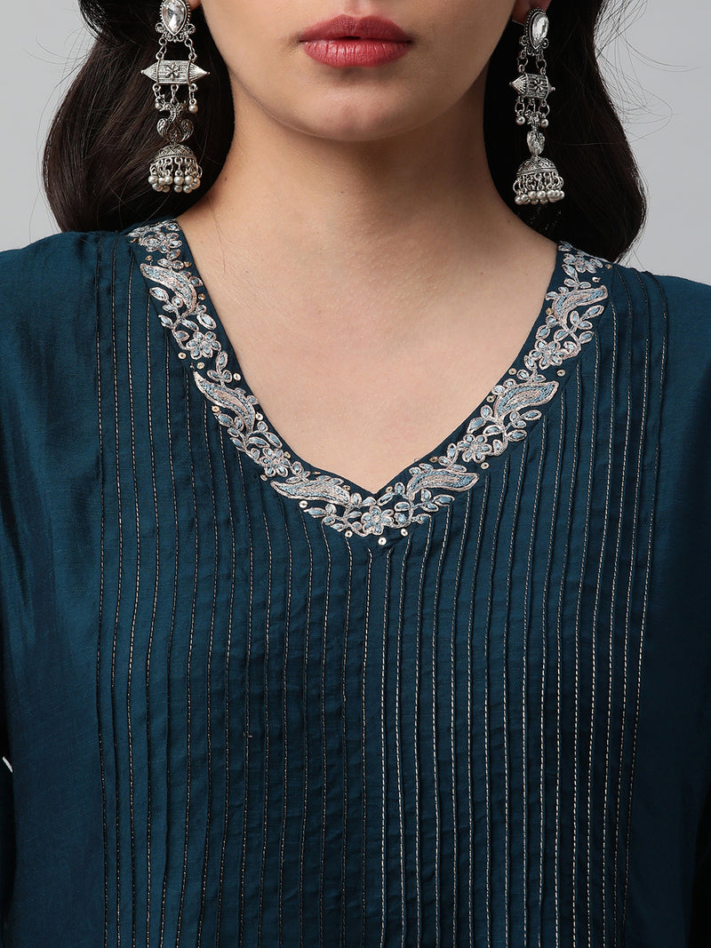 INAARA - Flared silk blend kurta with beautiful pin tucks and sequin.