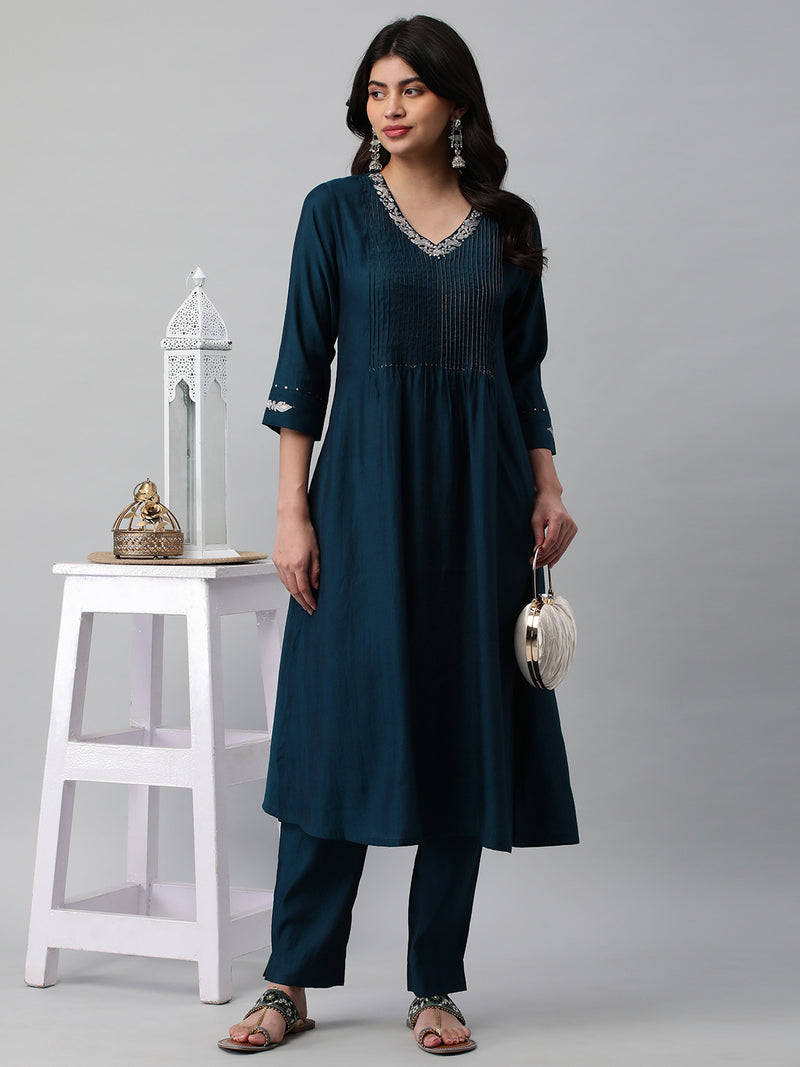 INAARA - Flared silk blend kurta with beautiful pin tucks and sequin.