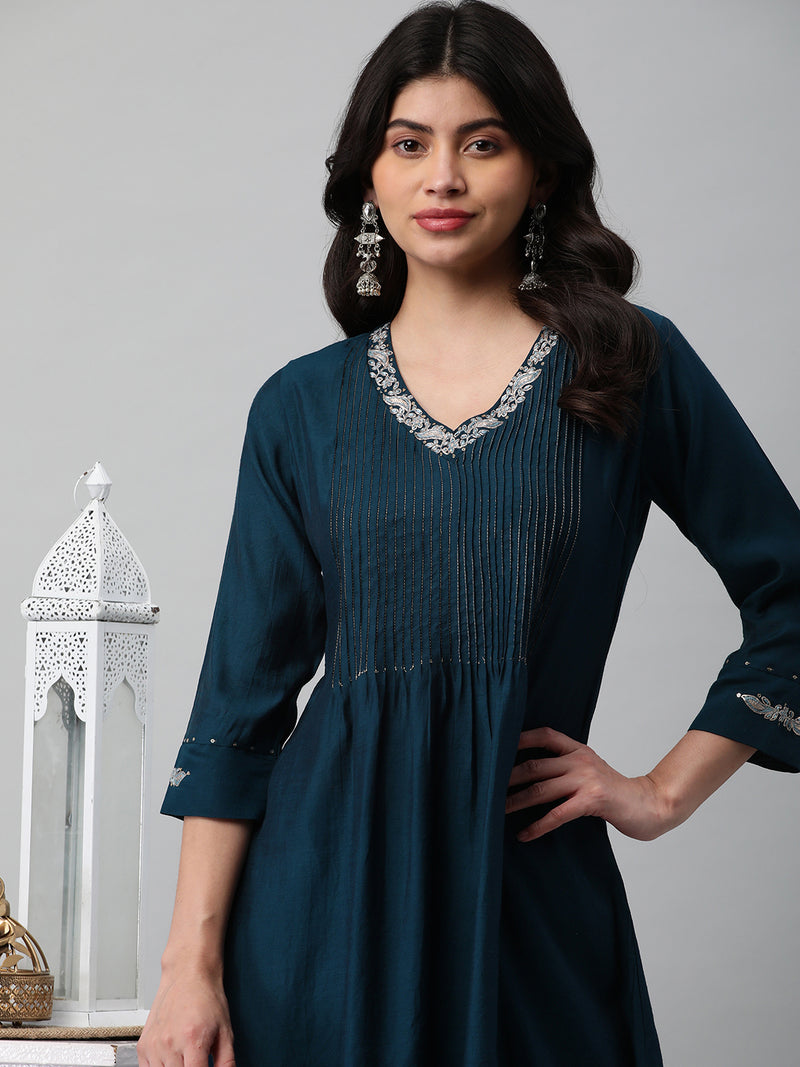 INAARA - Flared silk blend kurta with beautiful pin tucks and sequin.