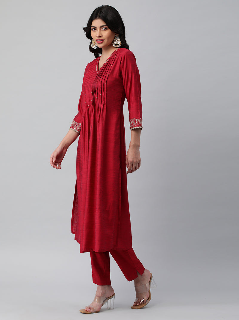 INAARA - Flared Pleated silk blend kurta with zari embroidery and sequin work.