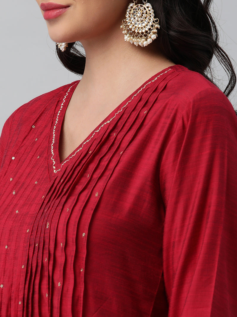 INAARA - Flared Pleated silk blend kurta with zari embroidery and sequin work.