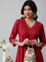 INAARA - Flared Pleated silk blend kurta with zari embroidery and sequin work.