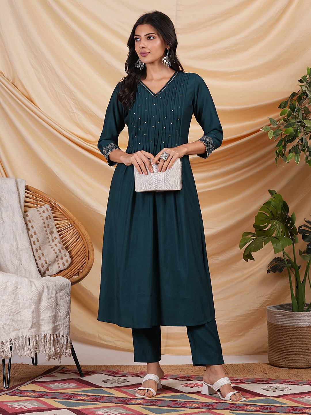Party Edit- Flared Pleated silk blend kurta with zari embroidery and sequin work