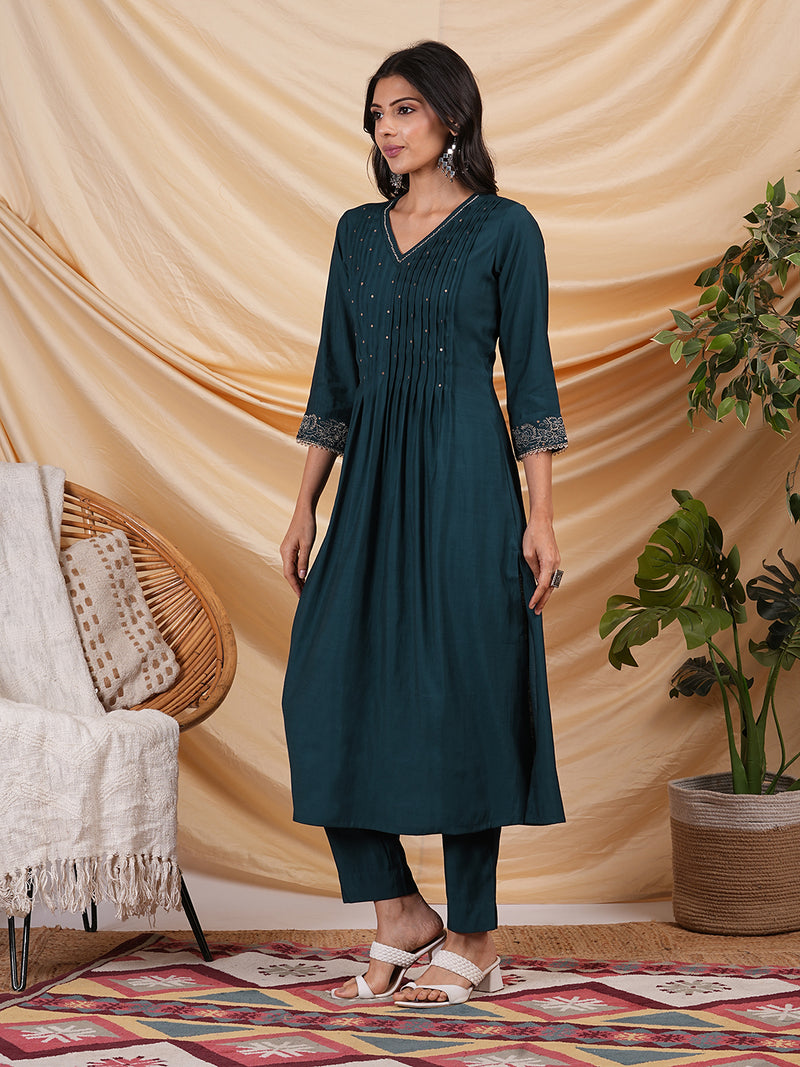 INAARA - Flared Pleated silk blend kurta with zari embroidery and sequin work.