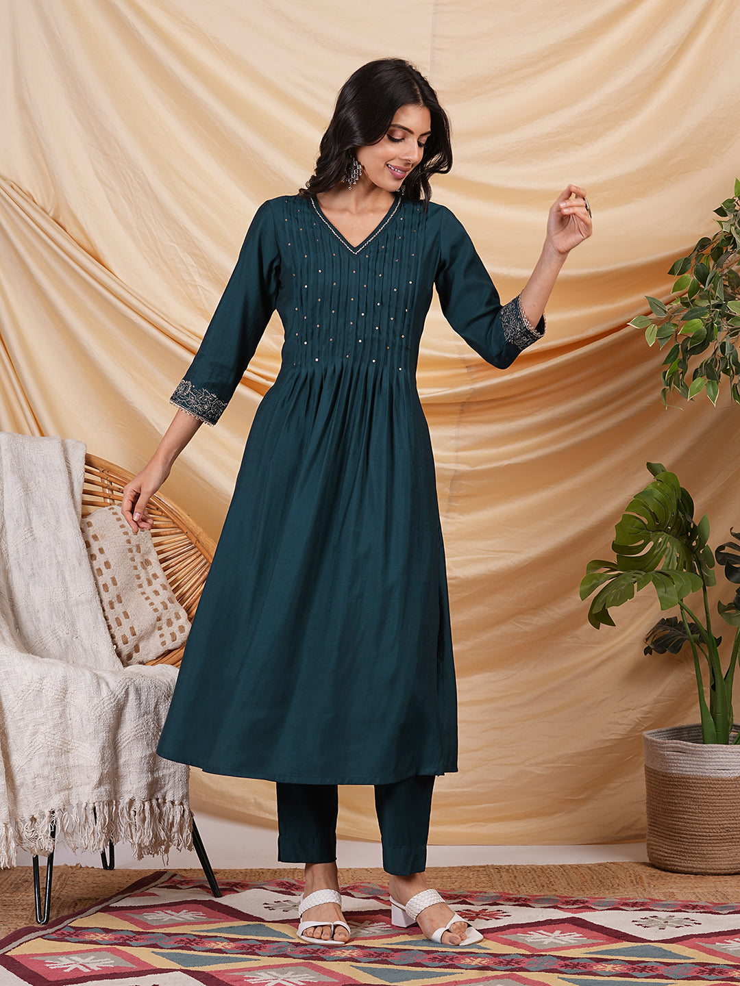 Party Edit- Flared Pleated silk blend kurta with zari embroidery and sequin work