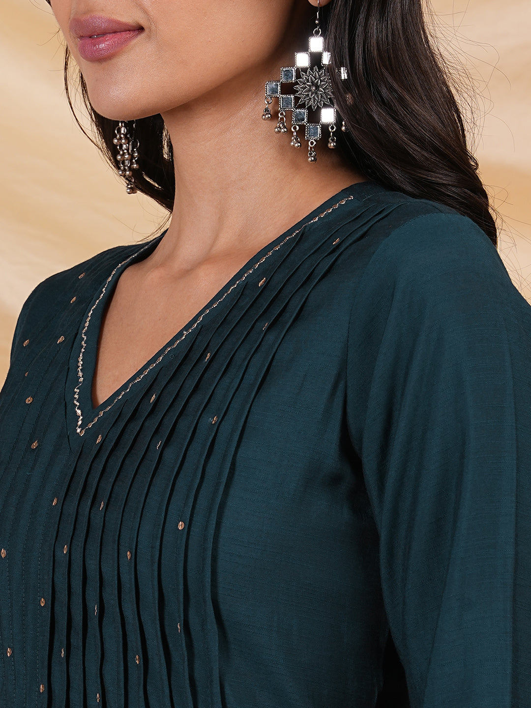 Party Edit- Flared Pleated silk blend kurta with zari embroidery and sequin work