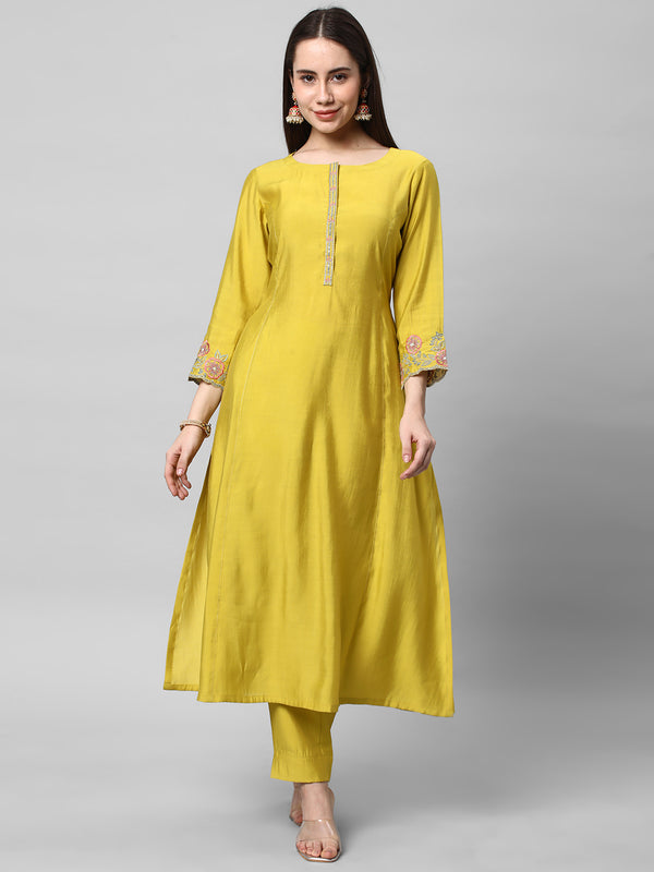 A line kurta in silk blend fabric with embroidered placket and sleeve.