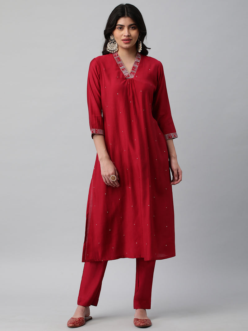 INAARA - Embroidered A line kurta with gathering & sequins detail.