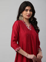 INAARA - Embroidered A line kurta with gathering & sequins detail.