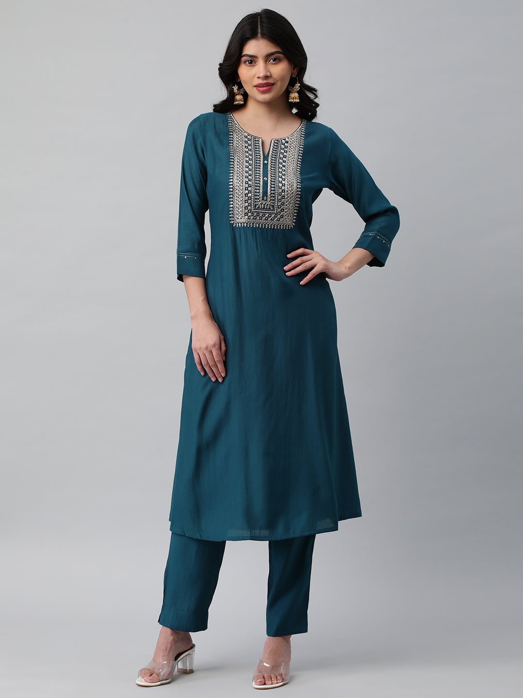 Party Edit- A line kurta in silk blend fabric with zari and sequin detailing