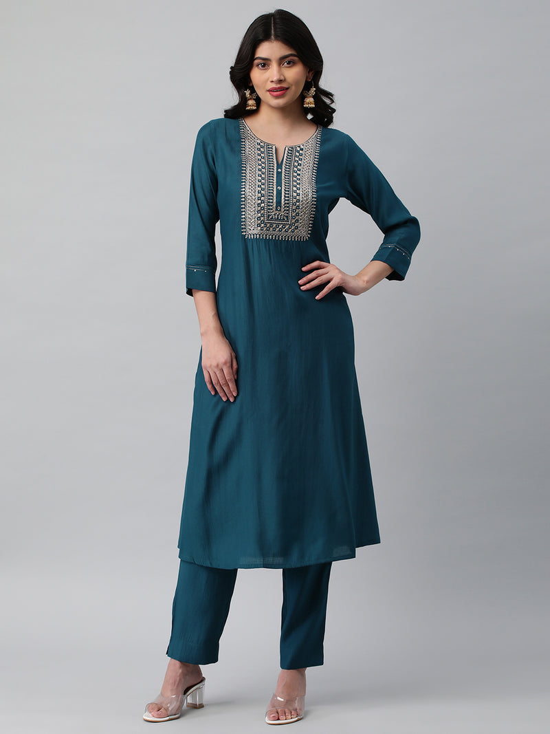 INAARA - A line kurta in silk blend fabric with zari and sequin detailing.