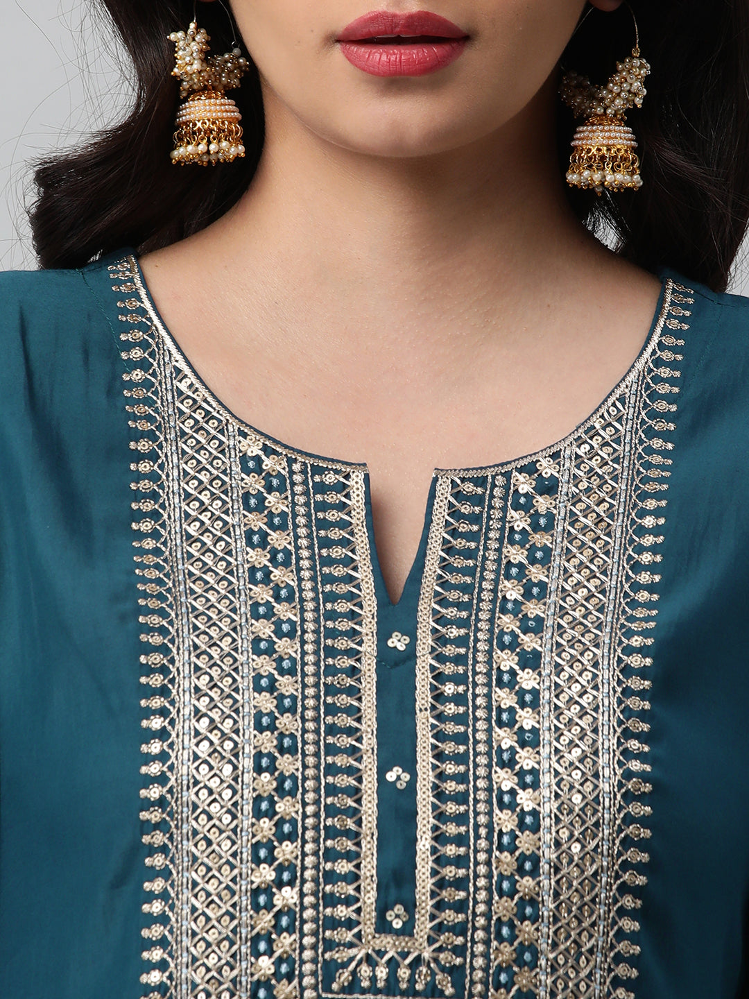 Party Edit- A line kurta in silk blend fabric with zari and sequin detailing