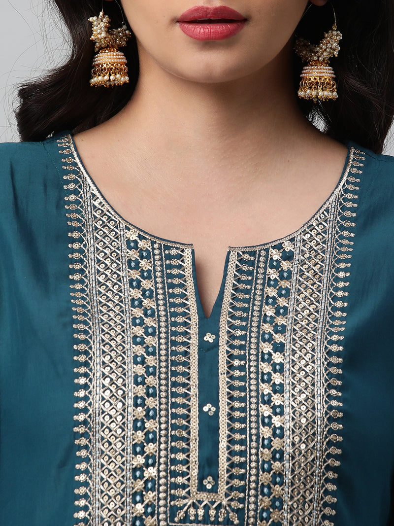 INAARA - A line kurta in silk blend fabric with zari and sequin detailing.