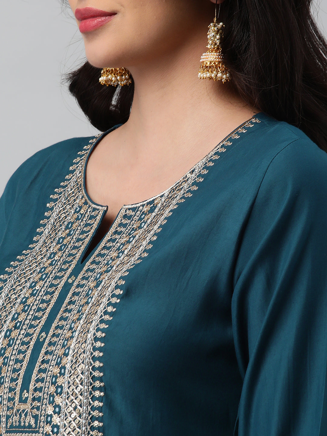 Party Edit- A line kurta in silk blend fabric with zari and sequin detailing