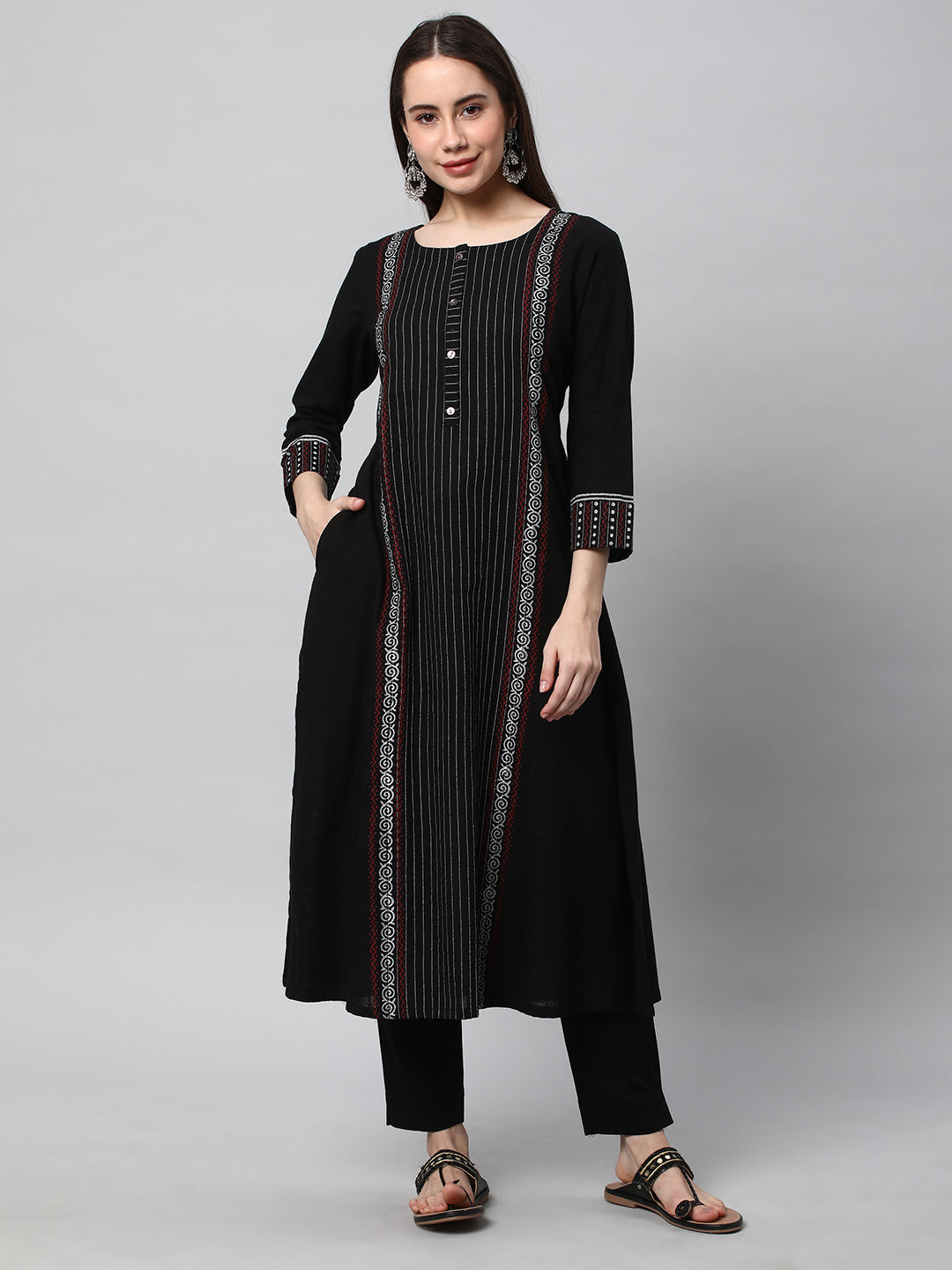 Leher - A line cotton kurta with a striped center panel with hand block print detailing