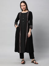 Leher - A line cotton kurta with a striped center panel with hand block print detailing.