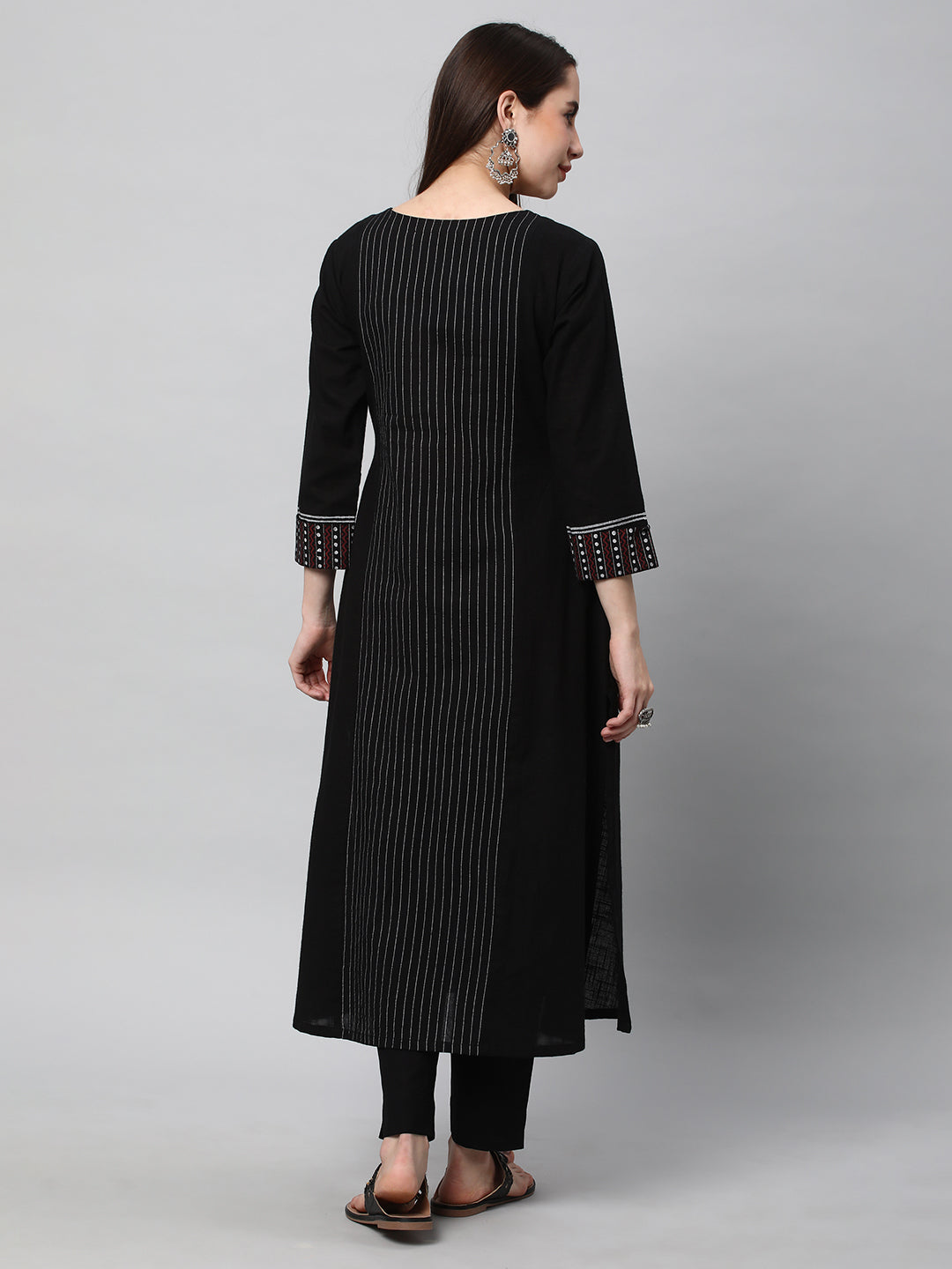 Leher - A line cotton kurta with a striped center panel with hand block print detailing