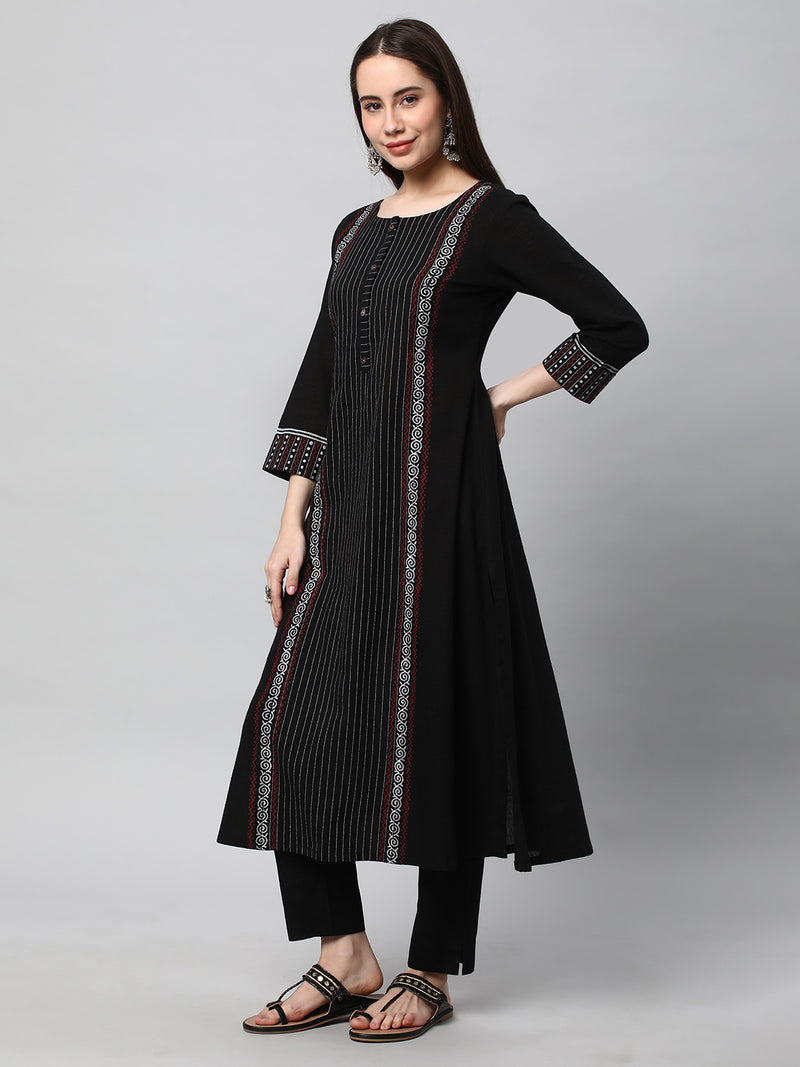 Leher - A line cotton kurta with a striped center panel with hand block print detailing.