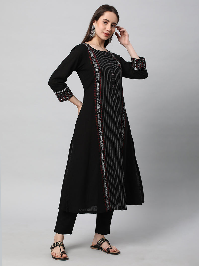 Leher - A line cotton kurta with a striped center panel with hand block print detailing.