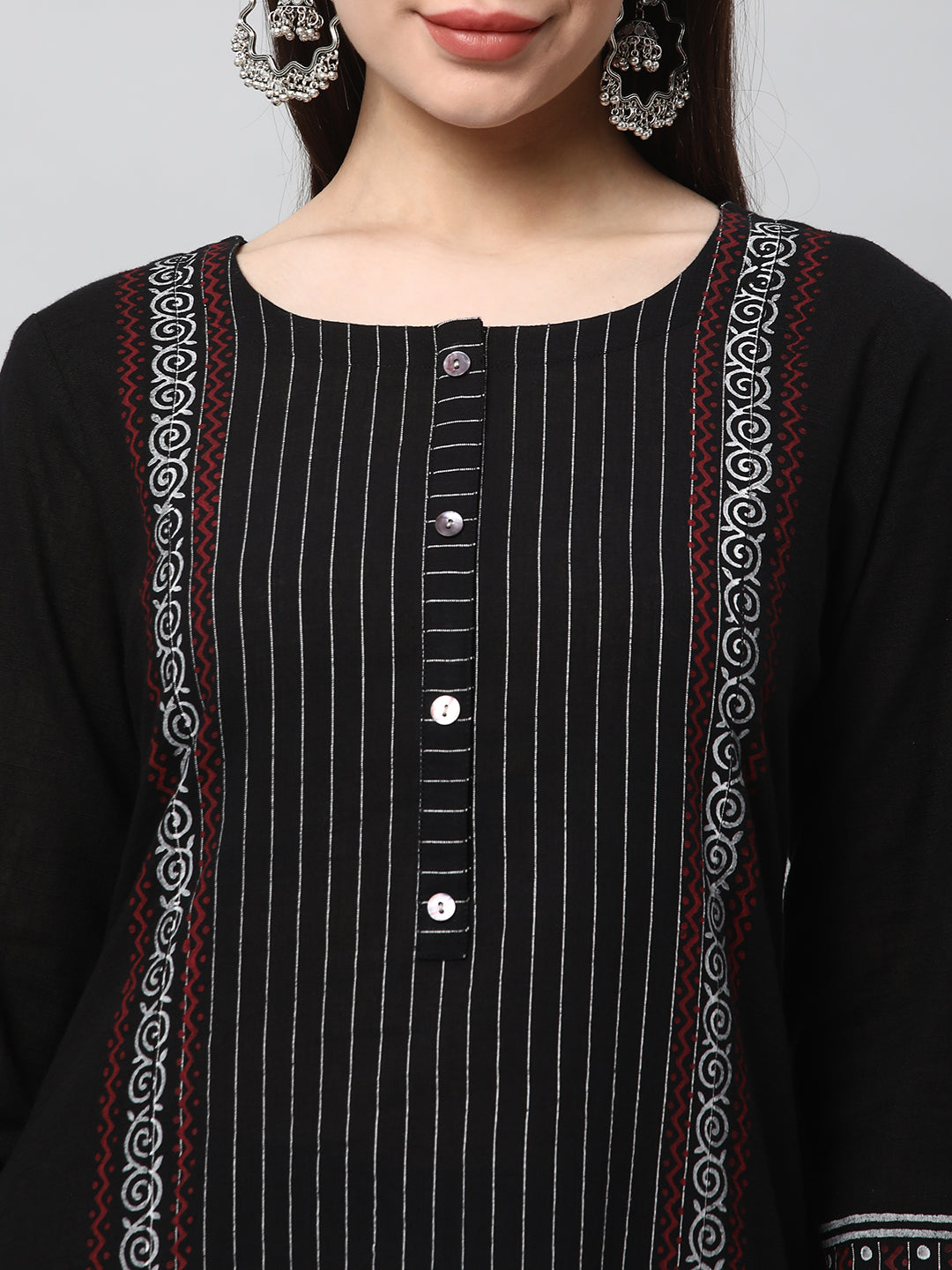 Leher - A line cotton kurta with a striped center panel with hand block print detailing