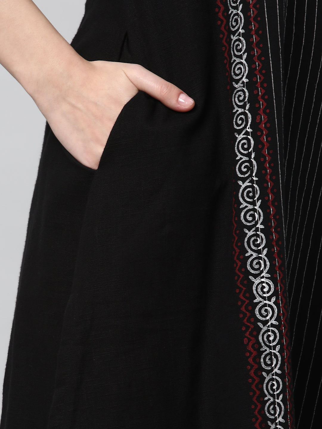 Leher - A line cotton kurta with a striped center panel with hand block print detailing