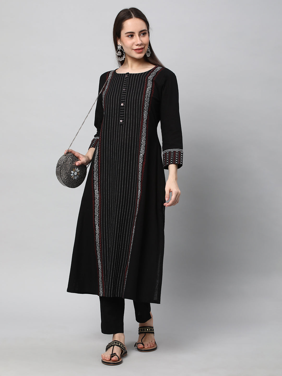 Leher - A line cotton kurta with a striped center panel with hand block print detailing