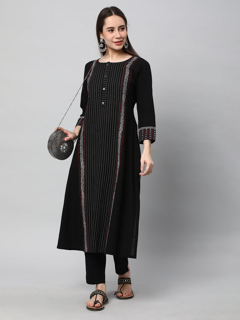 Leher - A line cotton kurta with a striped center panel with hand block print detailing.