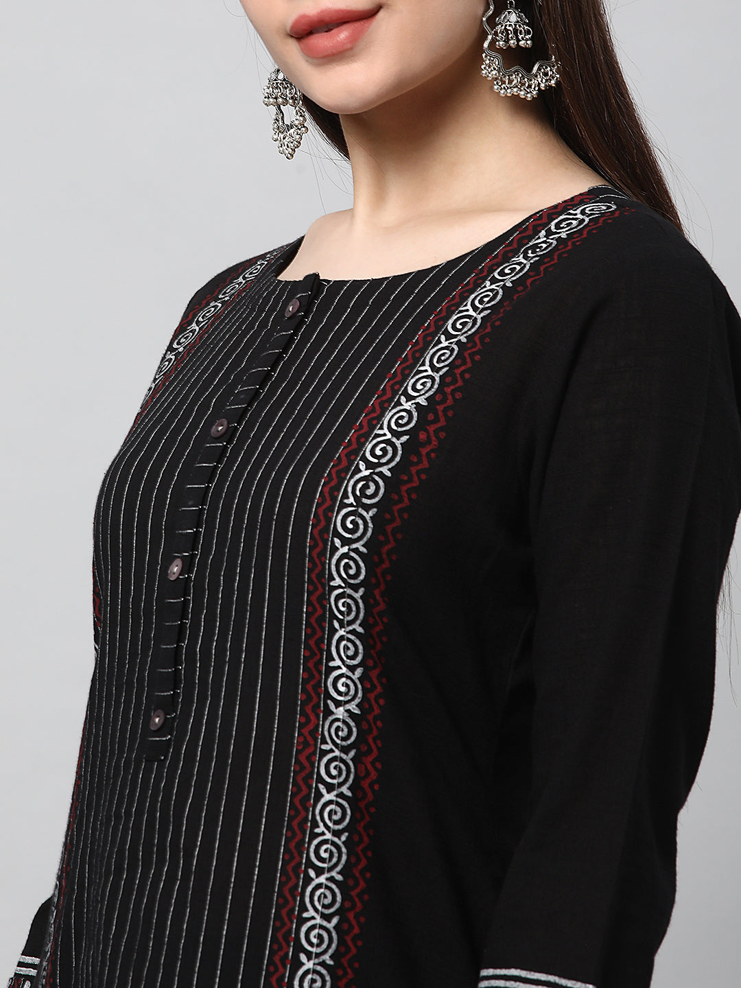 Leher - A line cotton kurta with a striped center panel with hand block print detailing