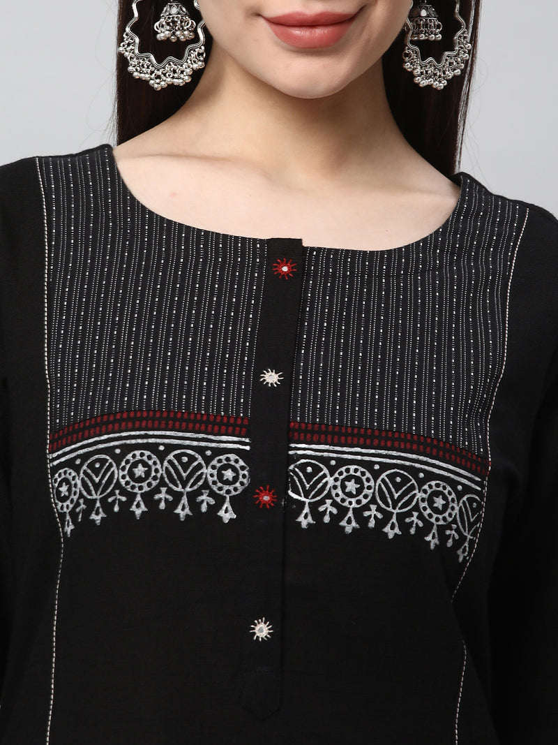 Leher - A line black kurta with textured fabric and block print detailing.