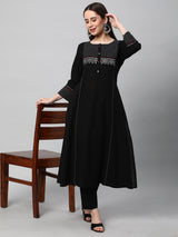 Leher - A line black kurta with textured fabric and block print detailing.