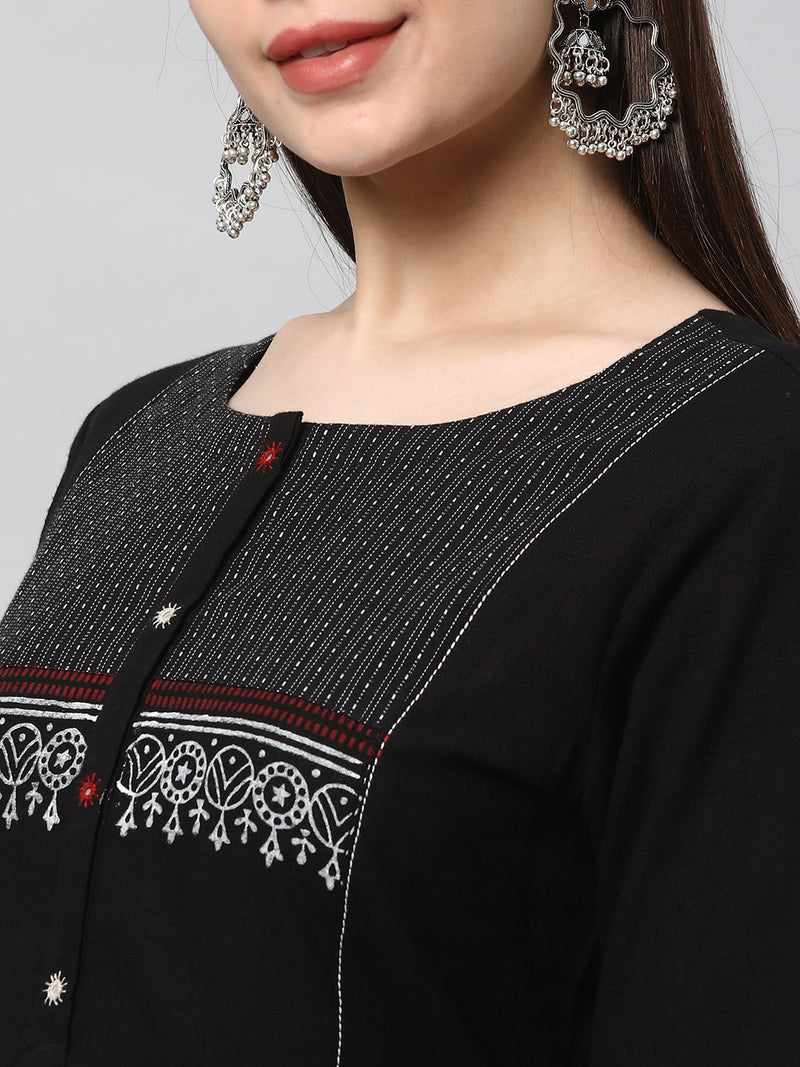 Leher - A line black kurta with textured fabric and block print detailing.