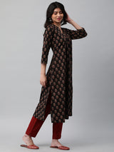 Printed cotton kurta with gathering and hand embroidery detailing.