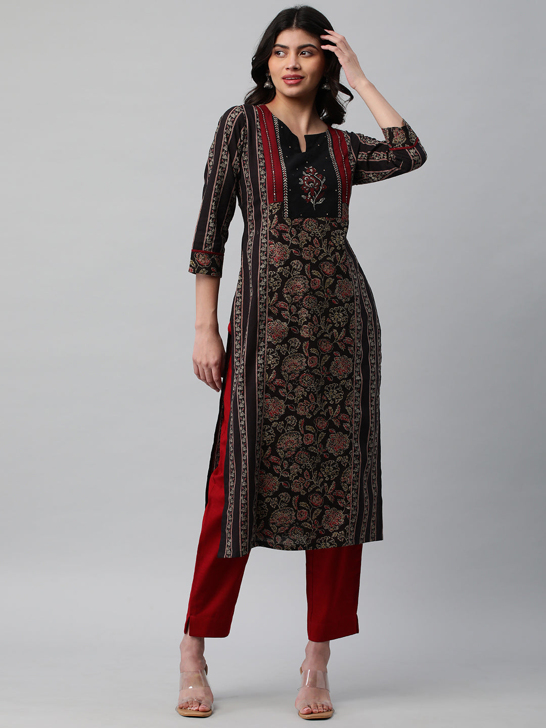Cotton Straight Kurta Featuring Panelled Structure, Block Print and Sequin Handwork