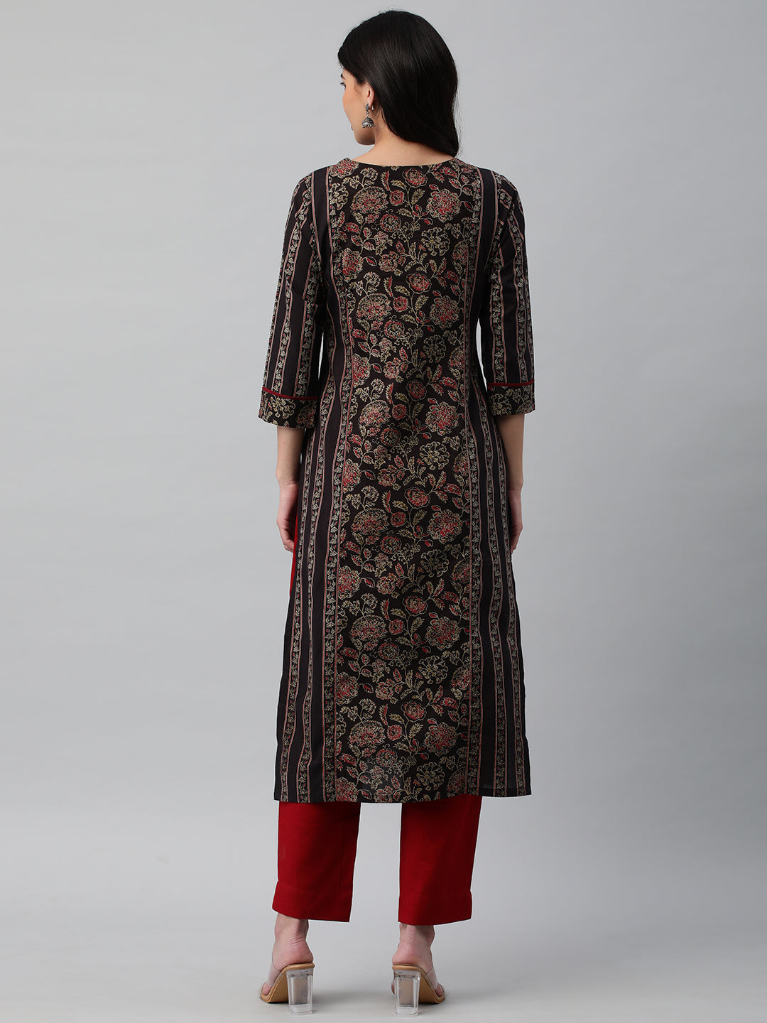 Cotton Straight Kurta Featuring Panelled Structure, Block Print and Sequin Handwork