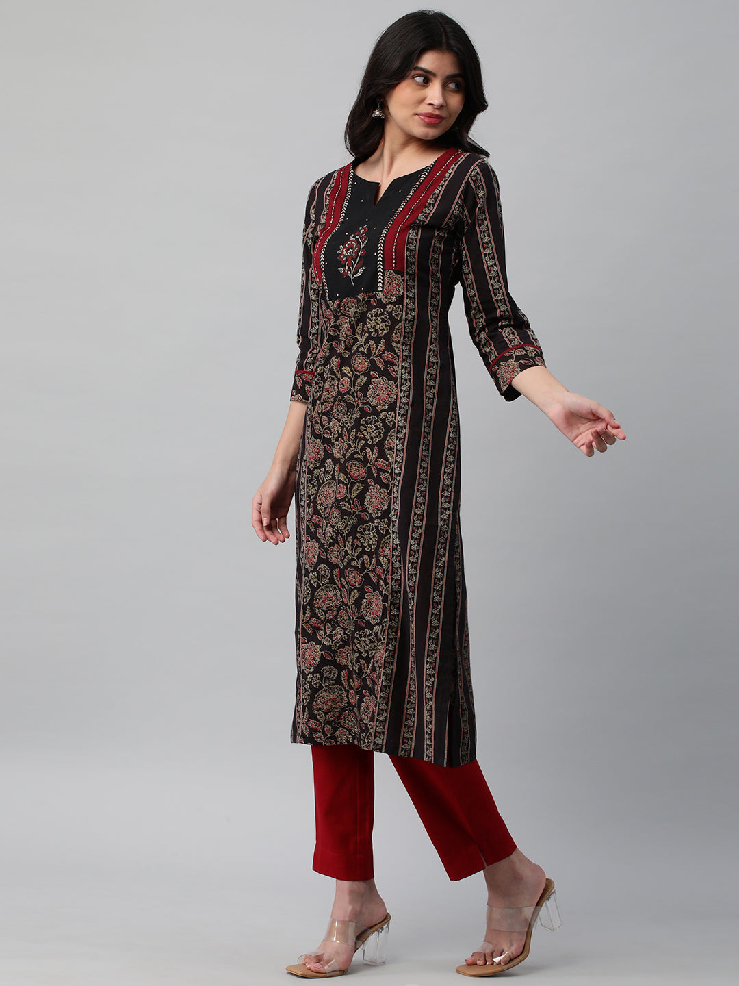 Cotton Straight Kurta Featuring Panelled Structure, Block Print and Sequin Handwork
