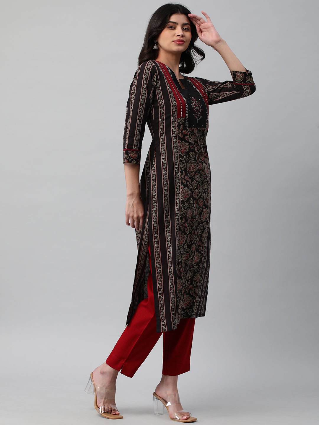Cotton Straight Kurta Featuring Panelled Structure, Block Print and Sequin Handwork