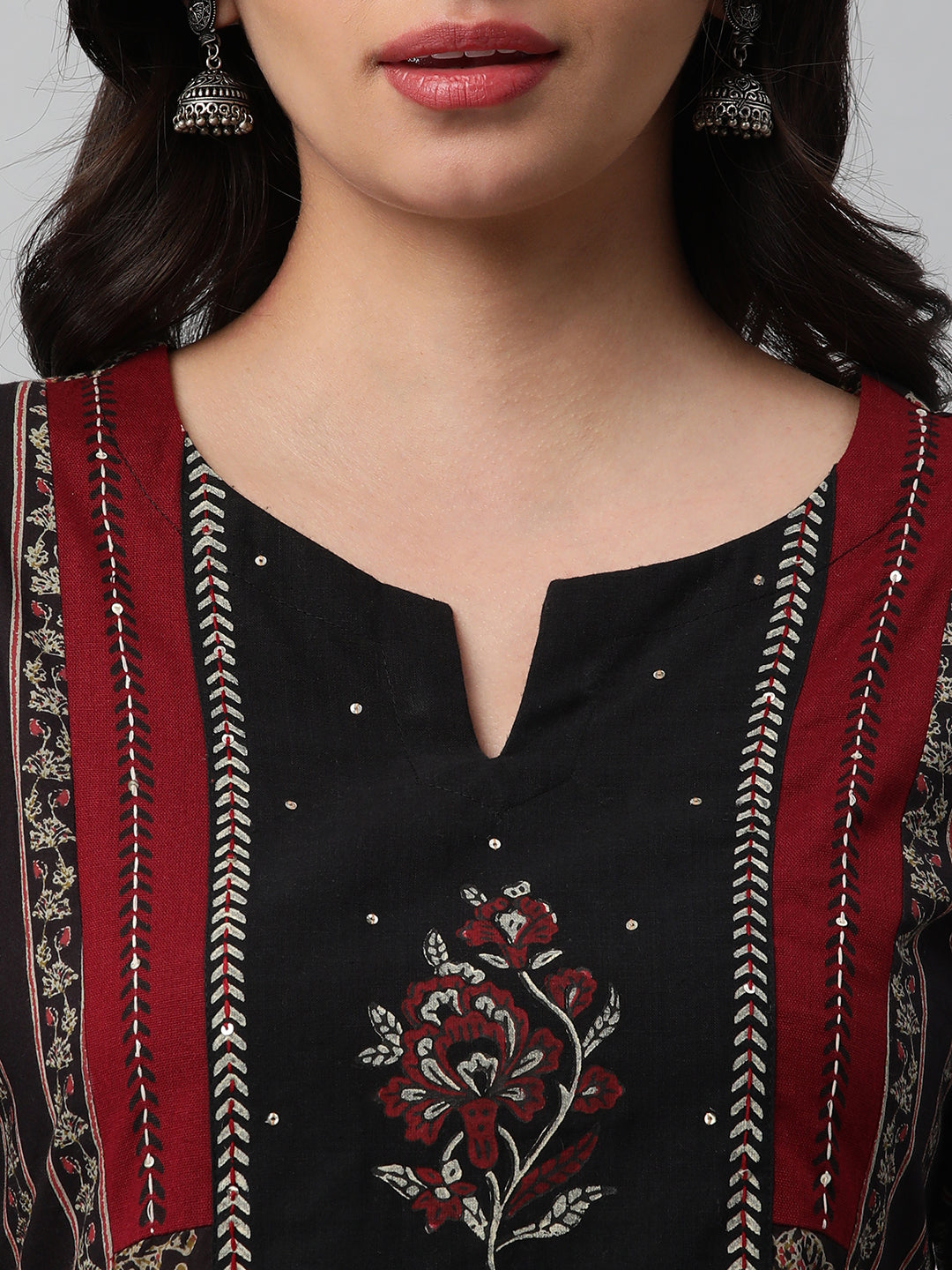 Cotton Straight Kurta Featuring Panelled Structure, Block Print and Sequin Handwork