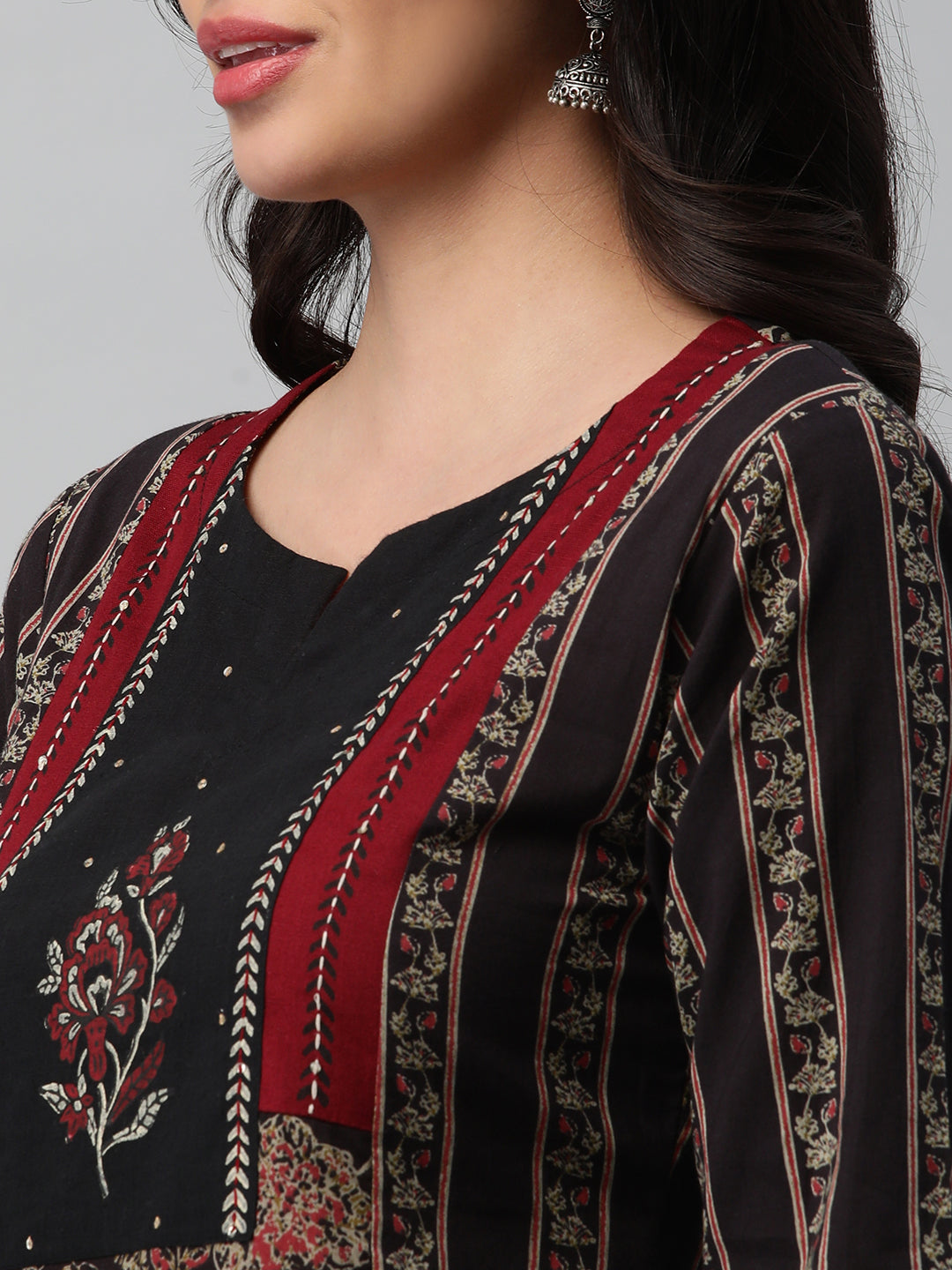 Cotton Straight Kurta Featuring Panelled Structure, Block Print and Sequin Handwork