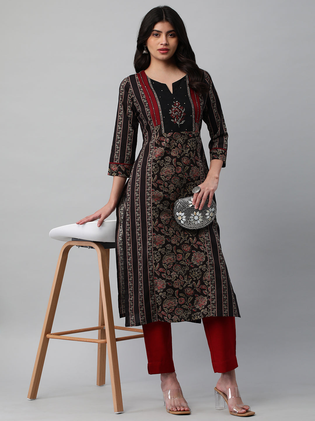 Cotton Straight Kurta Featuring Panelled Structure, Block Print and Sequin Handwork