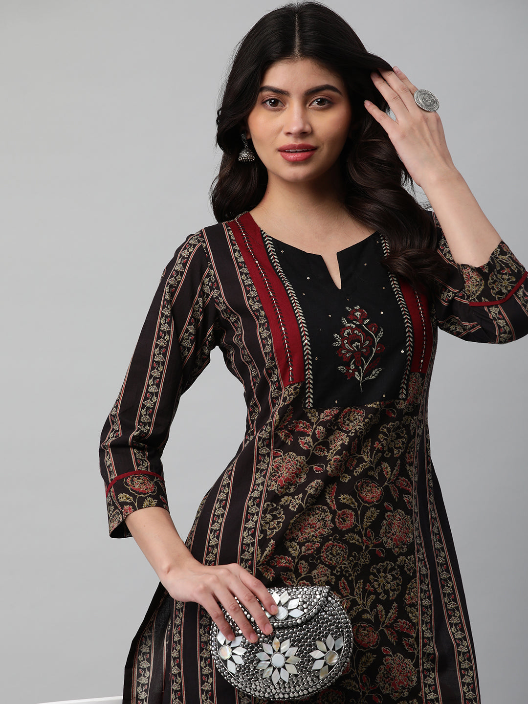 Cotton Straight Kurta Featuring Panelled Structure, Block Print and Sequin Handwork