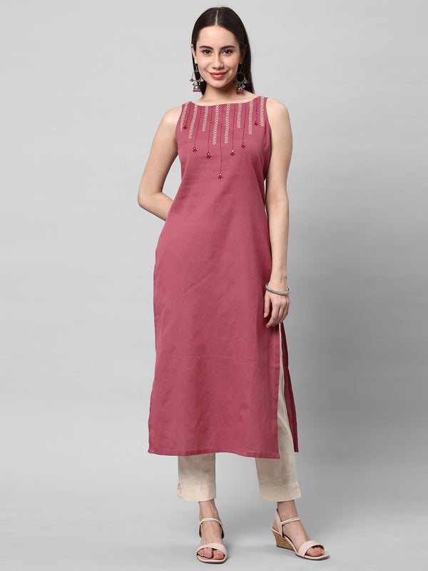 Leher - Straight sleeveless cotton kurta with block print and mirror work at neckline.