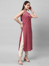 Leher - Straight sleeveless cotton kurta with block print and mirror work at neckline.