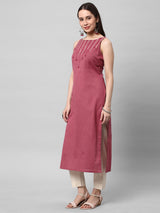 Leher - Straight sleeveless cotton kurta with block print and mirror work at neckline.