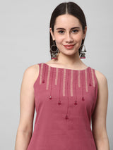 Leher - Straight sleeveless cotton kurta with block print and mirror work at neckline.