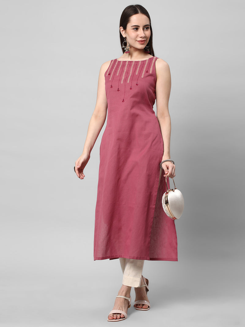 Leher - Straight sleeveless cotton kurta with block print and mirror work at neckline.