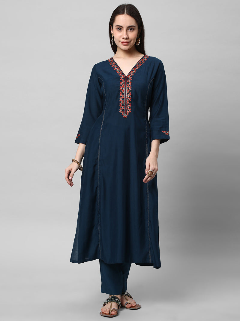 TASYA - A Line Roman Silk Kurta with Machine Embroidery in Contrasting Colors