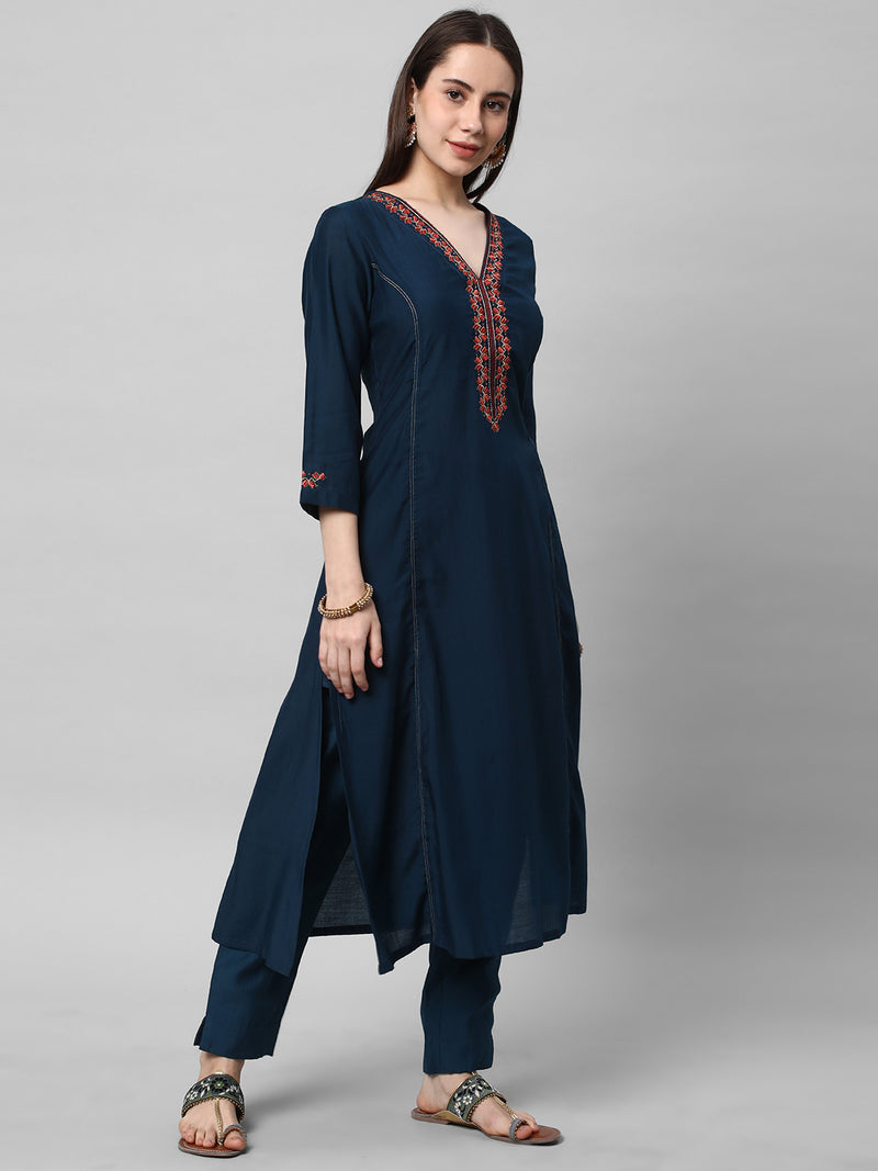 TASYA - A Line Roman Silk Kurta with Machine Embroidery in Contrasting Colors